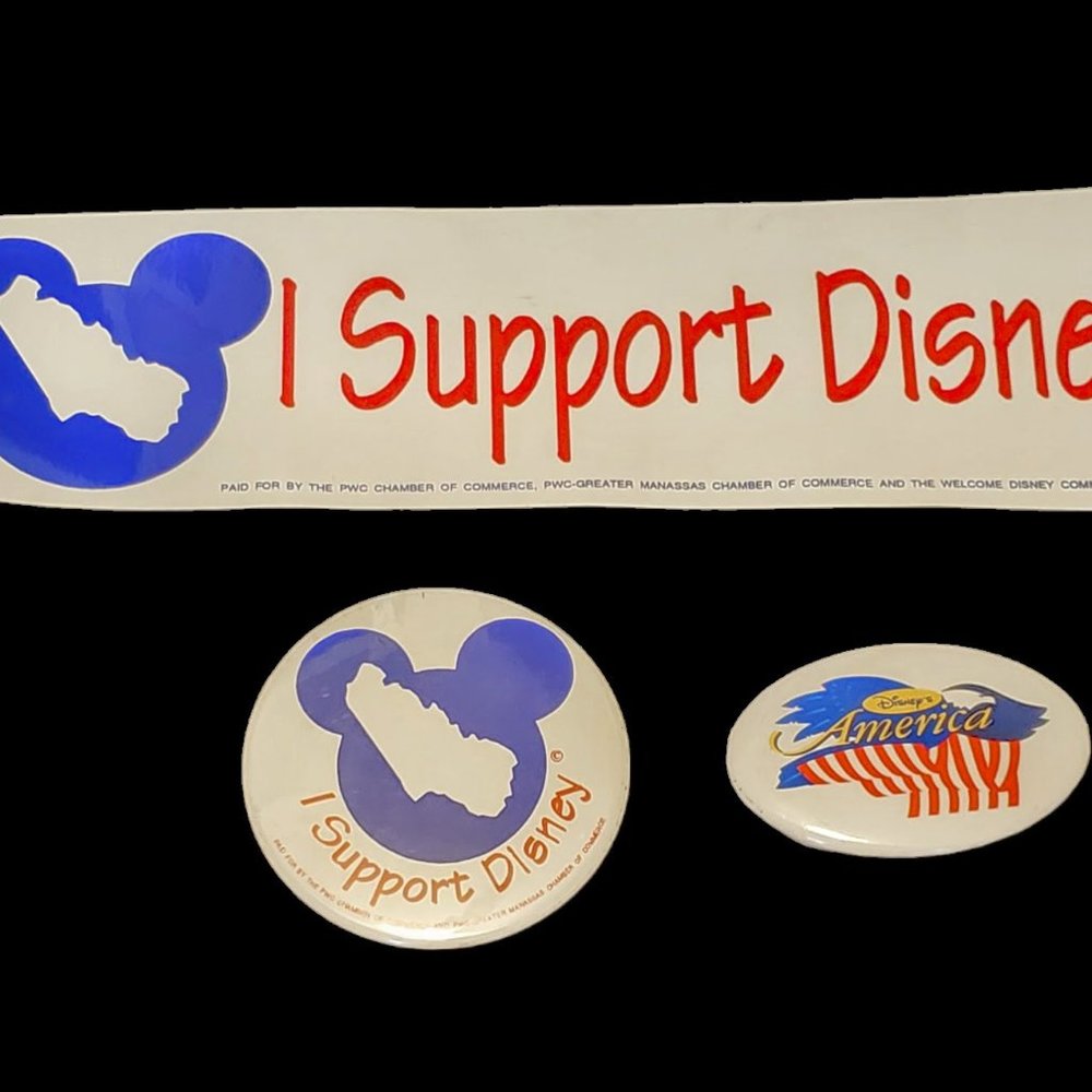 Rare Vintage Disney's America Bumper Sticker and 2 Buttons